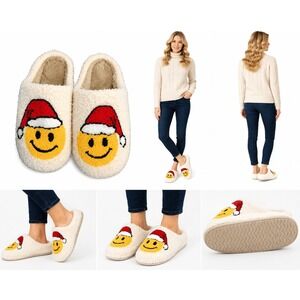 Smiley Face Santa Slippers 9.5 Cream Sherpa‎ Cozy Christmas Holiday Rubber Sole